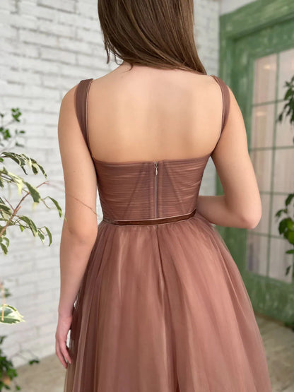 Simple A-Line Tulle Tea Length Brown Prom Dress Homecoming Dresses