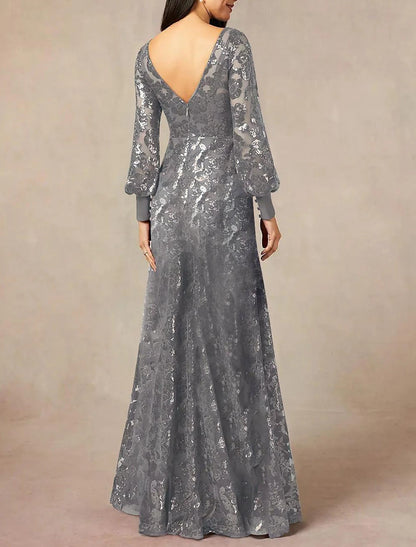 A-Line Jewel Neck Floor Length Chiffon Sequined Sequin Mother of the Bride Dress