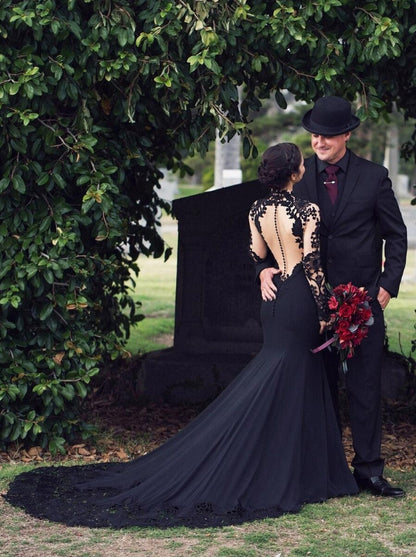 Black Wedding Dresses Mermaid Long Sleeves Lace Satin Court Train Bridal Dress