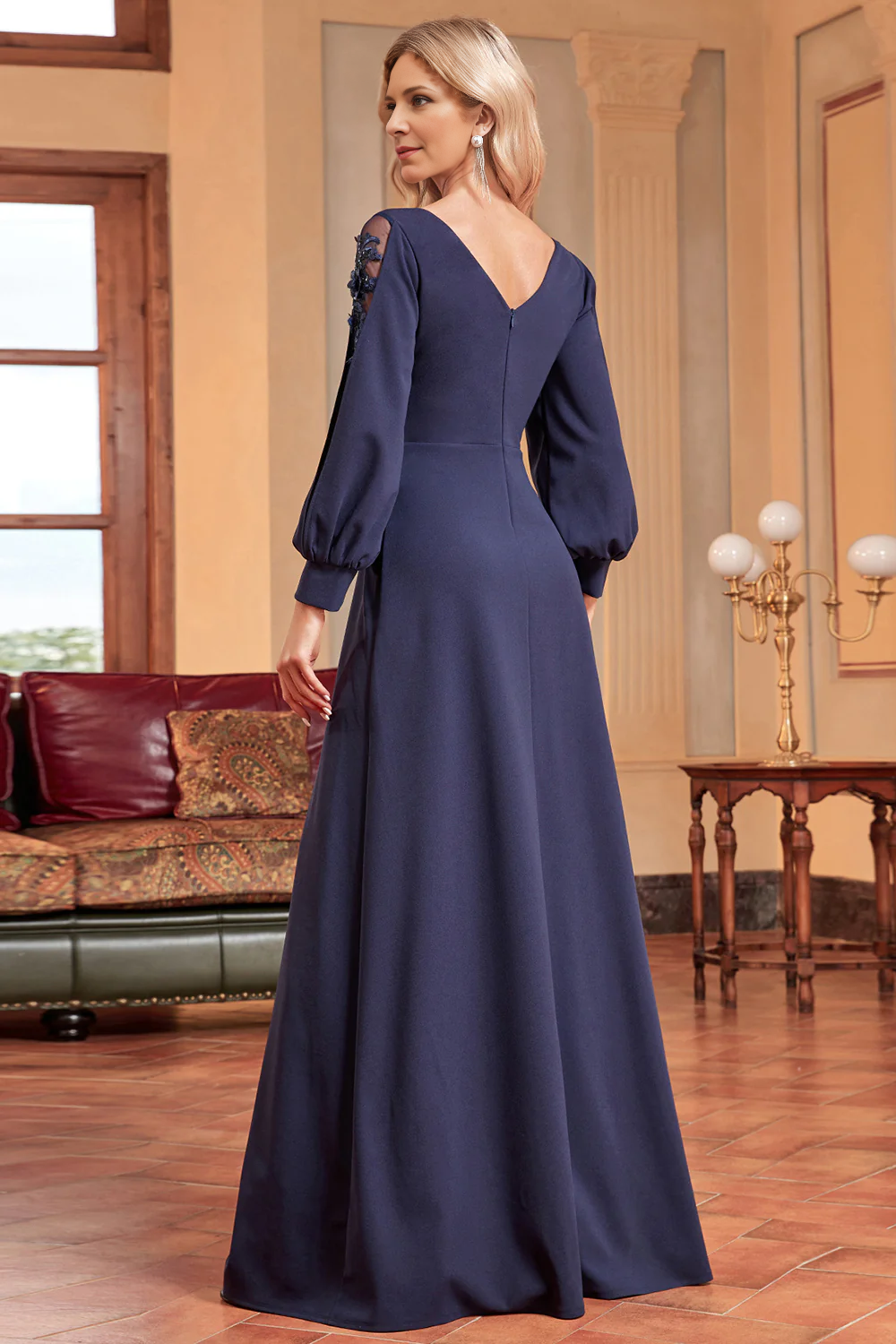 A-Line Long Sleeves Navy V-Neck Mother of the Bride Dress with Beading