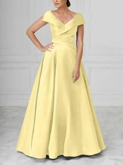 A-Line V-Neck Satin Long Mother Of The Bride Dresses With Ruched