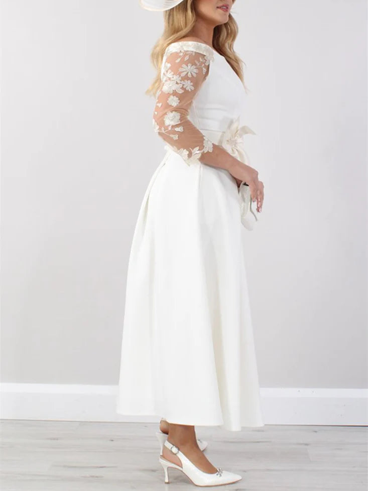 A-Line Ankle-Length Off Shoulder Mother of the Bride Dresses with Lace Sleeves