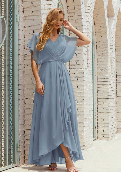 A-line Short Sleeve V Neck Chiffon Mother of the Bride Dress With Pleated