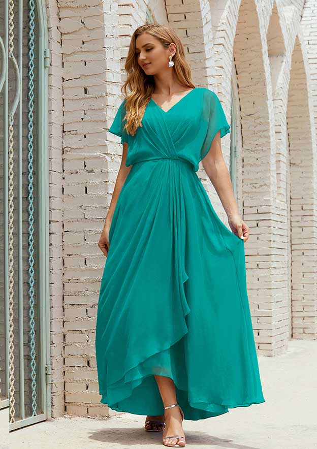 A-line Short Sleeve V Neck Chiffon Mother of the Bride Dress With Pleated