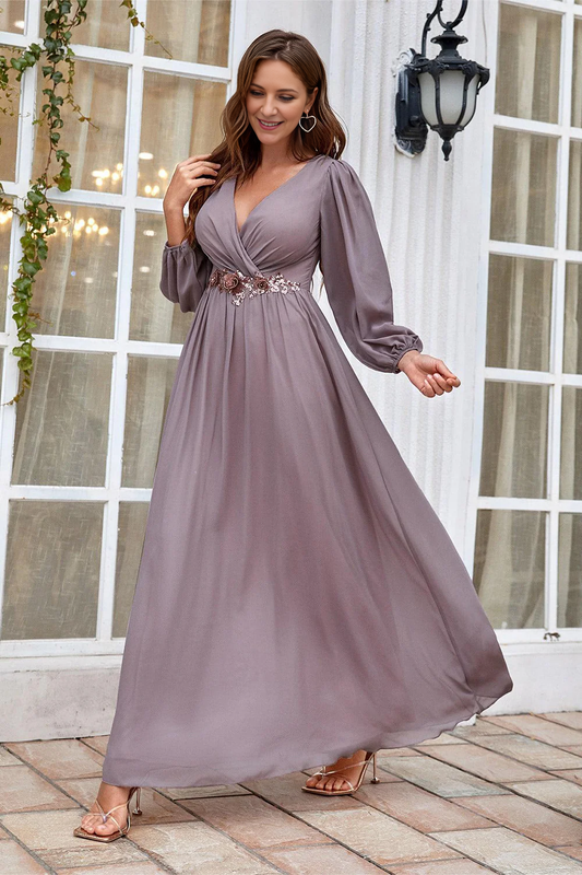 Dusk Long Sleeves V-Neck A Line Chiffon Mother of the Bride Dress