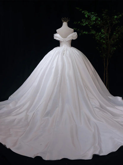 White Off Shoulder Satin Ball Gown Prom Dress Satin Quinceanera Dress