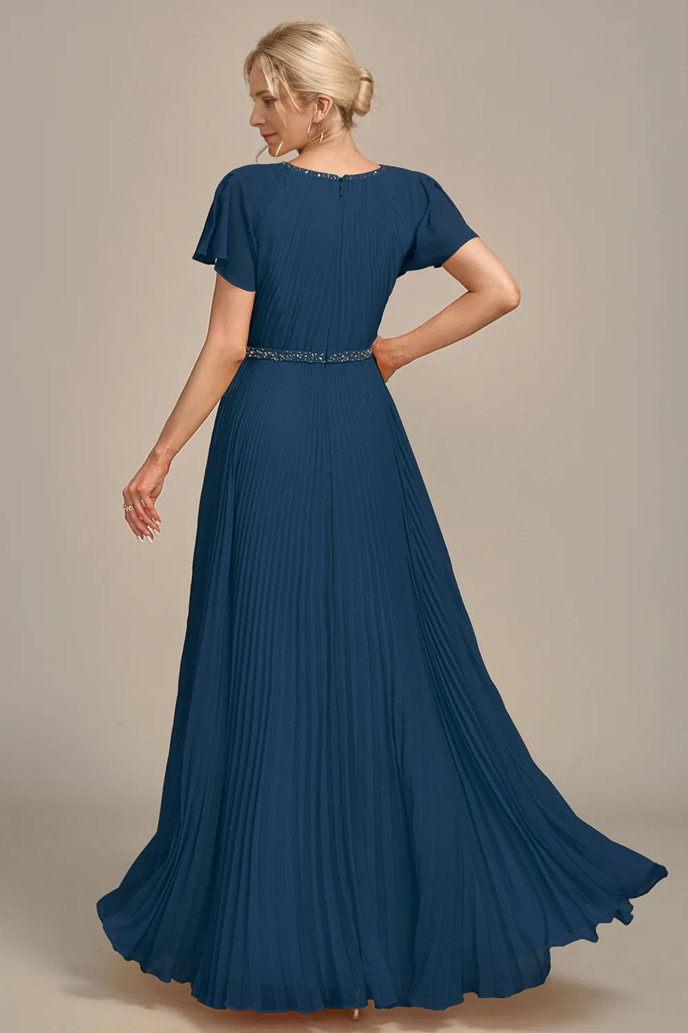 A-Line Round Neck Pleated Floor-length Mother of Bride Dress With Short Sleeves