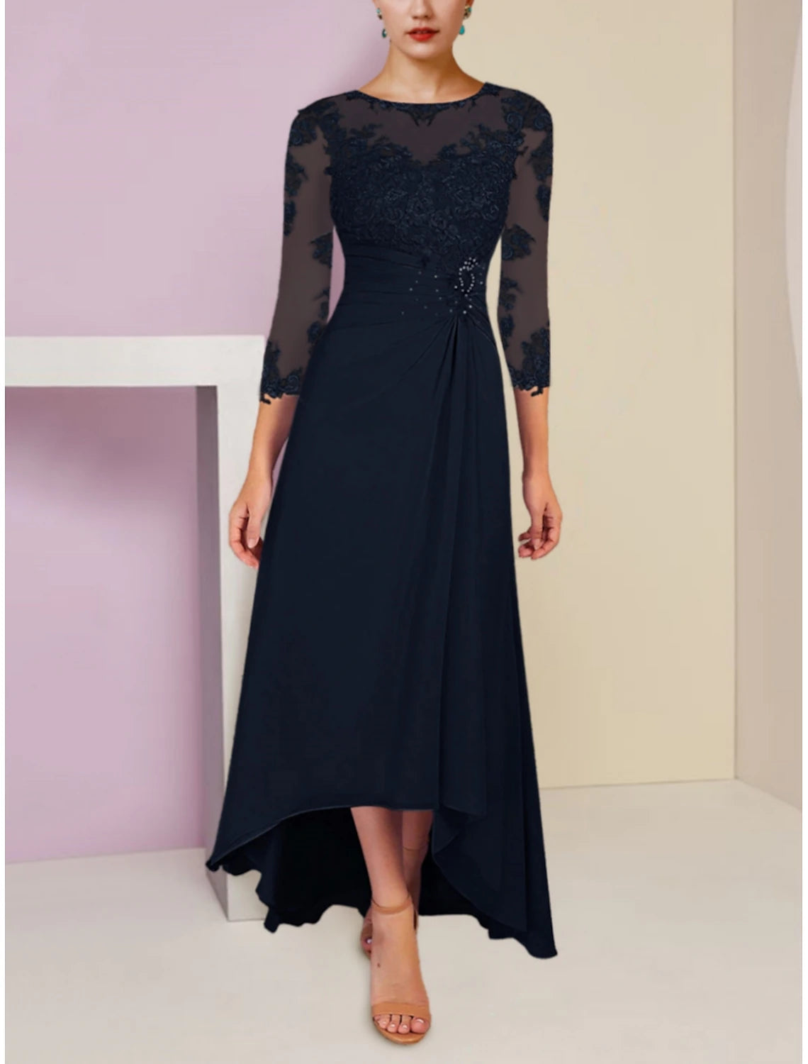 A-Line Mother of the Bride Dress Scoop Neck Asymmetrical Chiffon 3/4 Length Sleeve with Lace Sequin Ruching