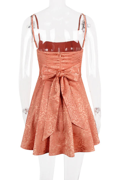 Straps Orange Back Bow Pleated Short Dress A-Line Party Dresses