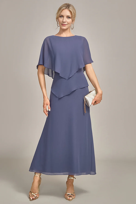 Sheath Scoop Tea-Length Stormy Chiffon Mother of the Bride Dress With Cape