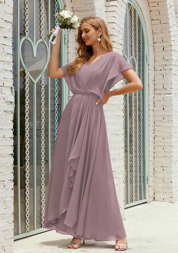 A-line Short Sleeve V Neck Chiffon Mother of the Bride Dress With Pleated