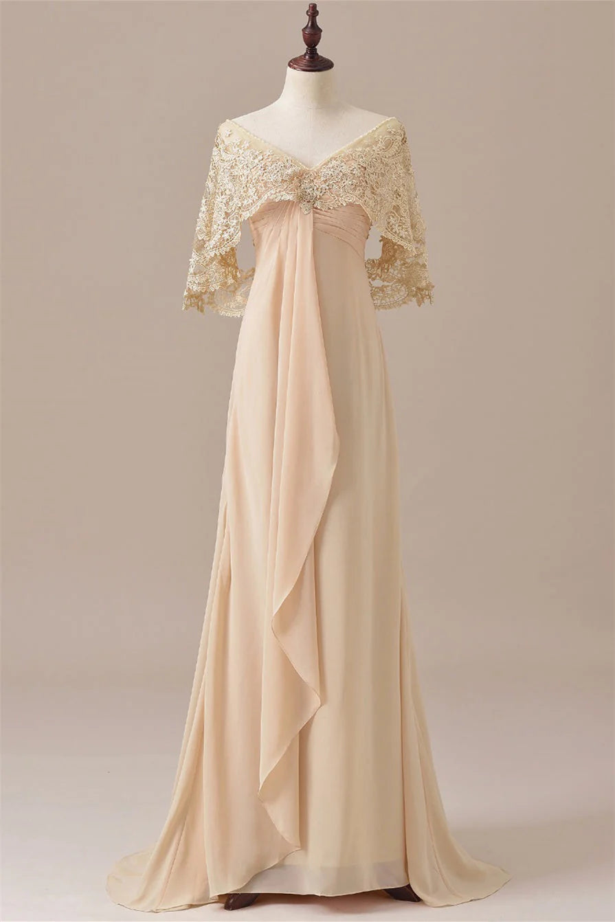 V-Neck Lace Draped Sleeves Ruffle Long Chiffon Mother of the Bride Dress