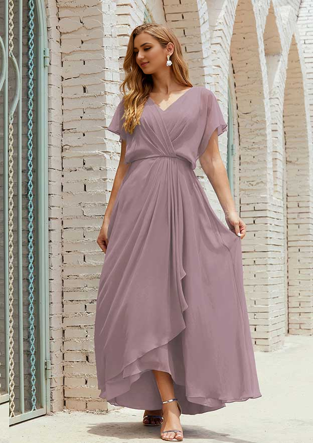 A-line Short Sleeve V Neck Chiffon Mother of the Bride Dress With Pleated