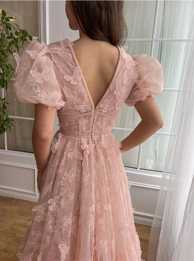 Cute A-Line Princess V-Neck Long Prom Dress Tulle 3D Butterfly Homecoming Dress