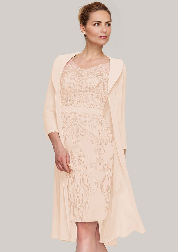 Sheath V Neck Knee-Length Chiffon Mother of the Bride Dress With Jacket Appliqued Waistband