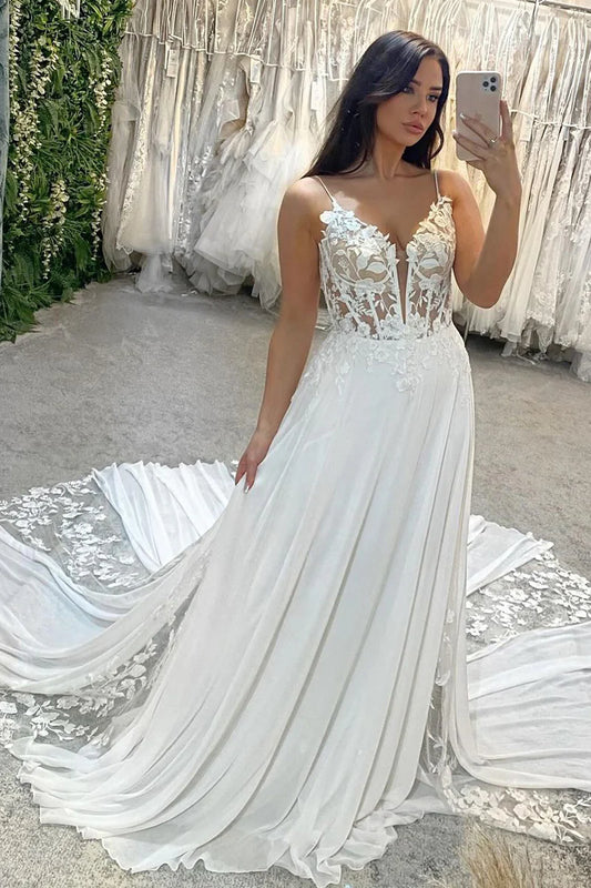 A-Line V Neck Chiffon Boho Wedding Dresses