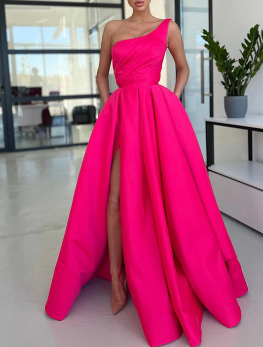 A-Line Prom Dresses Party Dress Formal Wedding Guest One Shoulder Satin with Ruched Slit