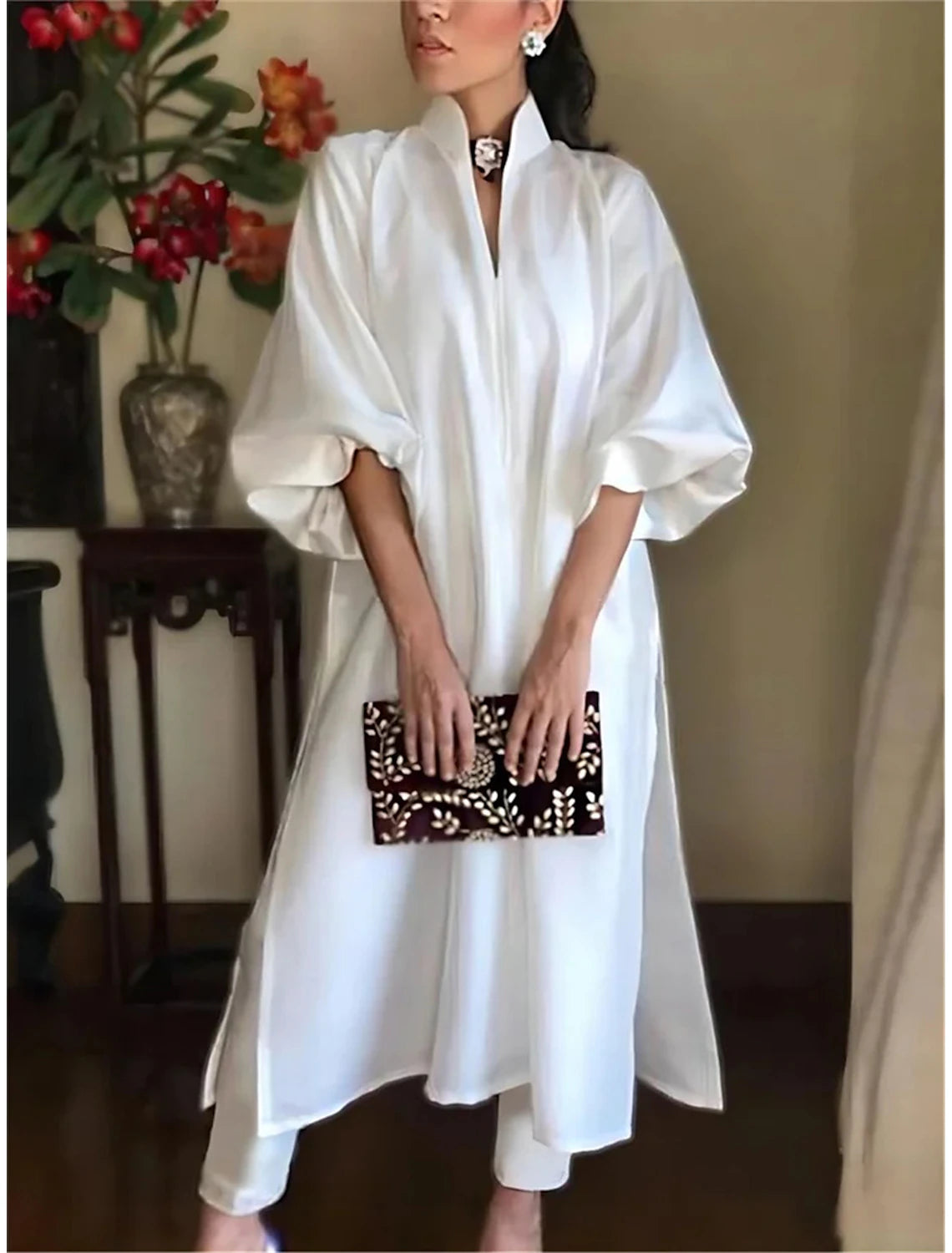 White Dress Party Dress Satin Dress Split 3/4 Length Sleeve Midi Dress Vacation White Summer Spring