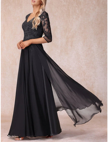 A-Line Mother of the Bride Dress Wedding Guest Elegant V Neck Floor Length Chiffon Lace with Ruching