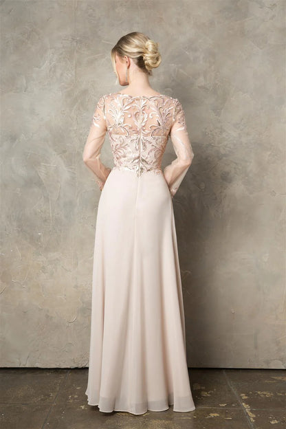 Sequin Embroidered Long Sleeve A-line Chiffon Mother of the Bride Dresse