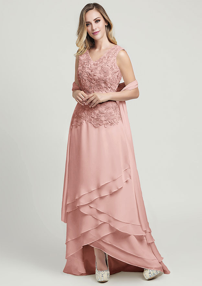 A-line Chiffon Mother of the Bride Dress V Neck Sleeveless Asymmetrical With Lace