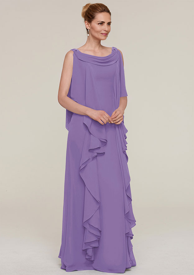 SheathColumn Cowl Neck Sleeveless Floor-Length Chiffon Mother of the Bride Dresses With Beading Ruffles