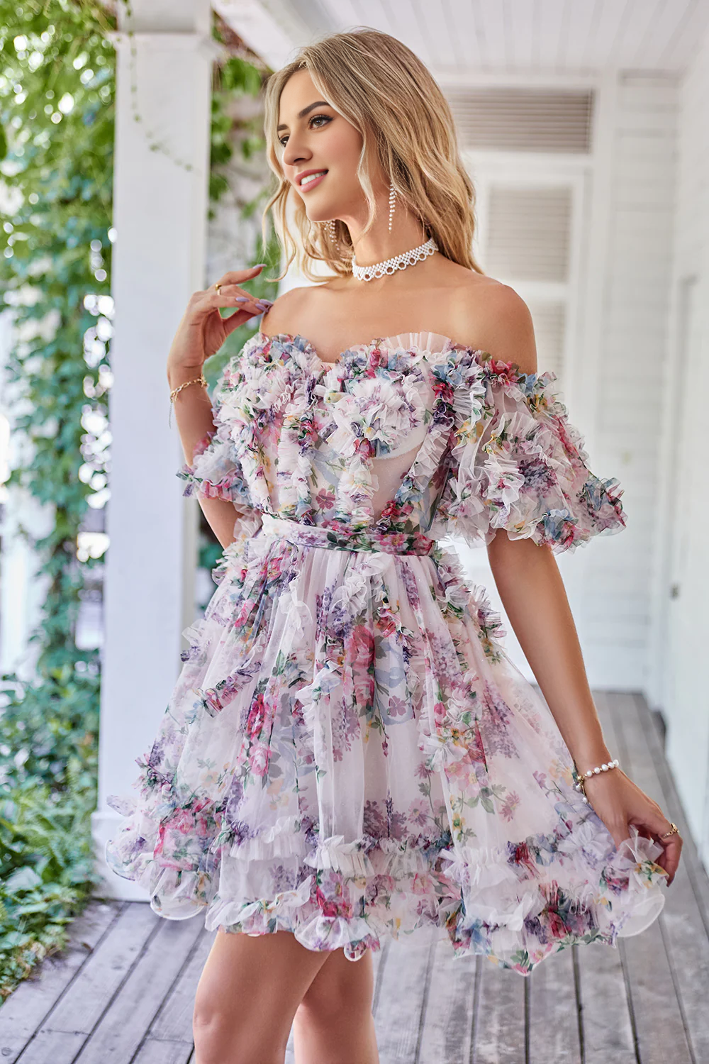 Off the Shoulder A Line Printed Tulle Cute Homecoming Dress