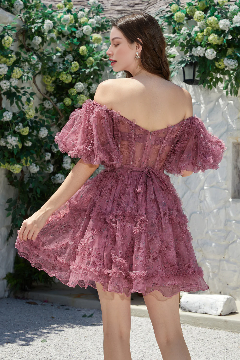 Beautiful A Line Off the Shoulder Fuchsia Tulle Short Homecoming Dress with Short Sleeves