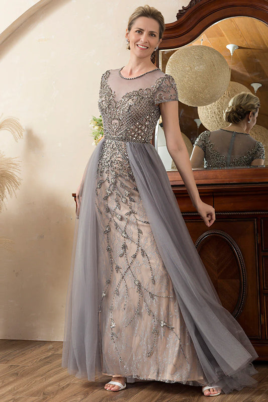 Dark Grey A Line Tulle Beaded Glitter Mother of Bride Dress