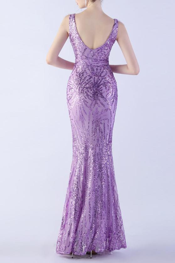 V-Neck Sleeveless Evening Dress Mermaid Sequins With Feather High Slit Prom Dresses