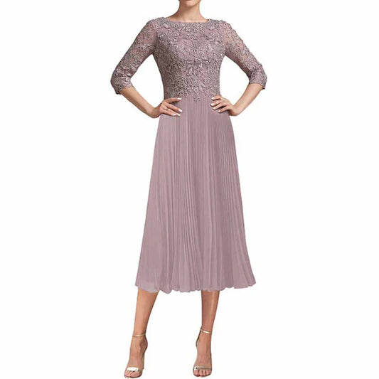 A-line Scoop Tea-Length Chiffon Lace Mother of the Bride Dress