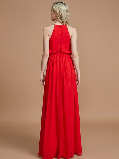 A-Line/Princess Halter Sleeveless Sash/Ribbon/Belt Floor-Length Chiffon Bridesmaid Dresses