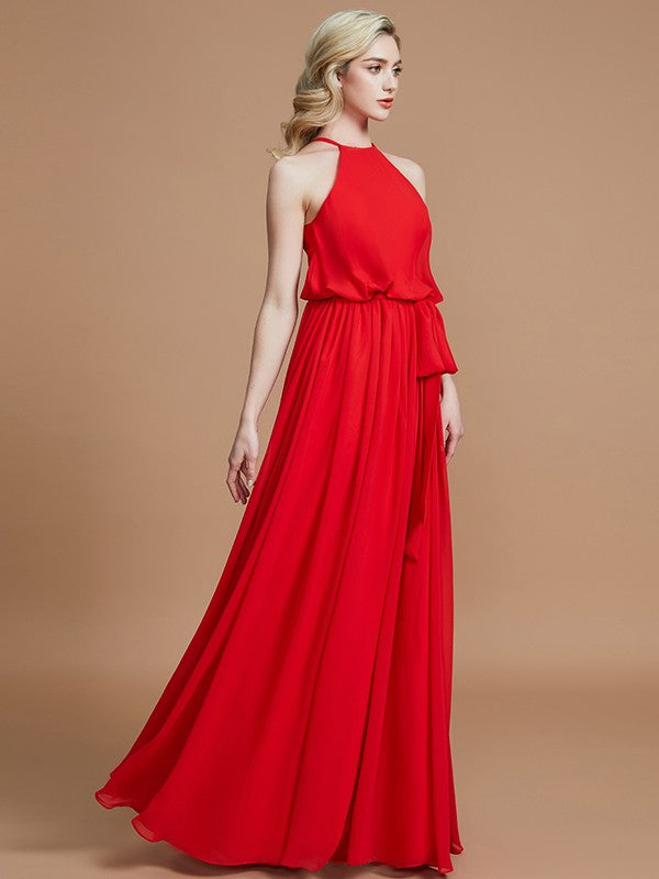 A-Line/Princess Halter Sleeveless Sash/Ribbon/Belt Floor-Length Chiffon Bridesmaid Dresses