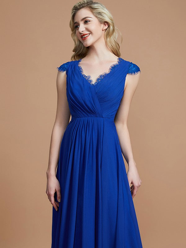 A-Line/Princess V-neck Sleeveless Ruched Floor-Length Chiffon Bridesmaid Dresses