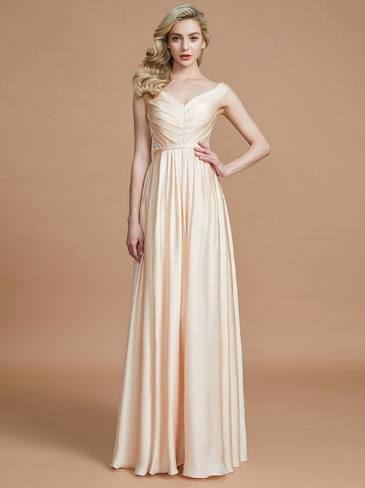 A-Line/Princess V-neck Sleeveless Ruched Floor-Length Silk like Satin Bridesmaid Dresses