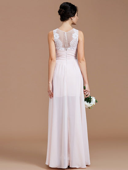 A-Line/Princess Jewel Sleeveless Ruched Floor-Length Chiffon Bridesmaid Dresses