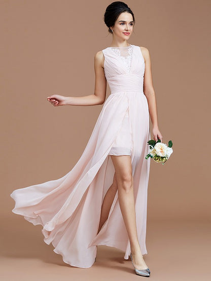 A-Line/Princess Jewel Sleeveless Ruched Floor-Length Chiffon Bridesmaid Dresses