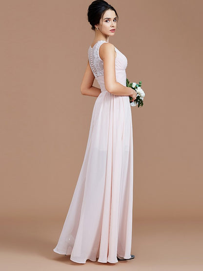 A-Line/Princess Jewel Sleeveless Ruched Floor-Length Chiffon Bridesmaid Dresses