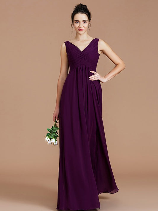 A-Line/Princess V-neck Sleeveless Ruched Floor-Length Chiffon Bridesmaid Dresses