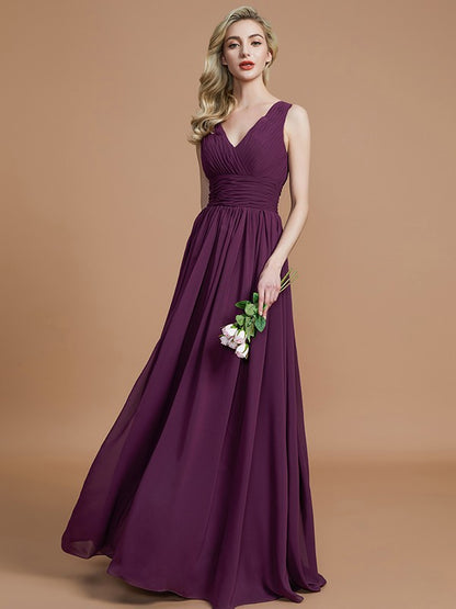 A-Line/Princess Sleeveless V-neck Floor-Length Chiffon Bridesmaid Dresses