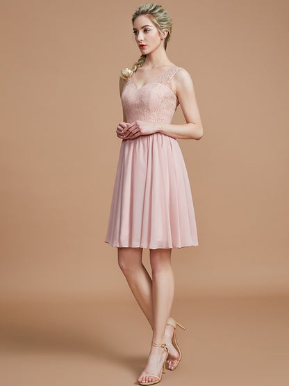 A-Line/Princess V-neck Sleeveless Lace Short/Mini Chiffon Bridesmaid Dresses