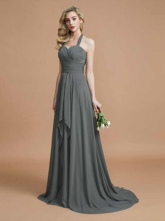 A-Line/Princess Halter Sleeveless Chiffon Sweep/Brush Train Bridesmaid Dresses