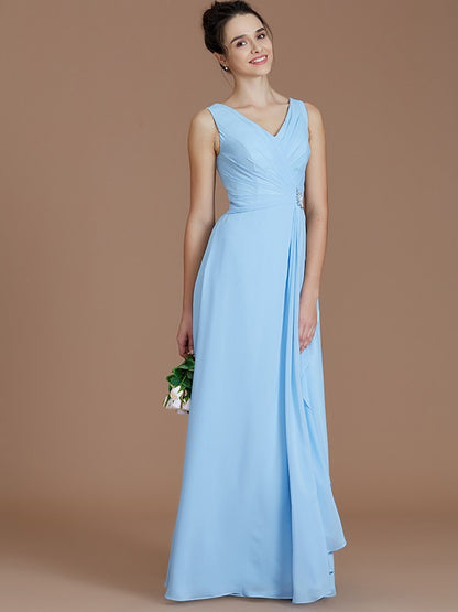 A-Line/Princess V-neck Sleeveless Ruched Floor-Length Chiffon Bridesmaid Dresses