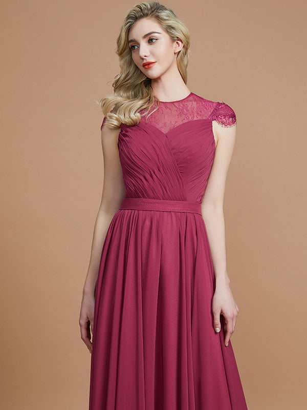 A-Line/Princess Scoop Short Sleeves Chiffon Floor-Length Bridesmaid Dresses