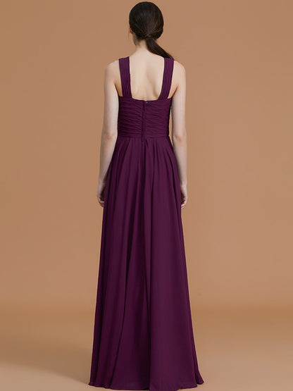 A-Line/Princess Halter Sleeveless Floor-Length Ruched Chiffon Bridesmaid Dresses