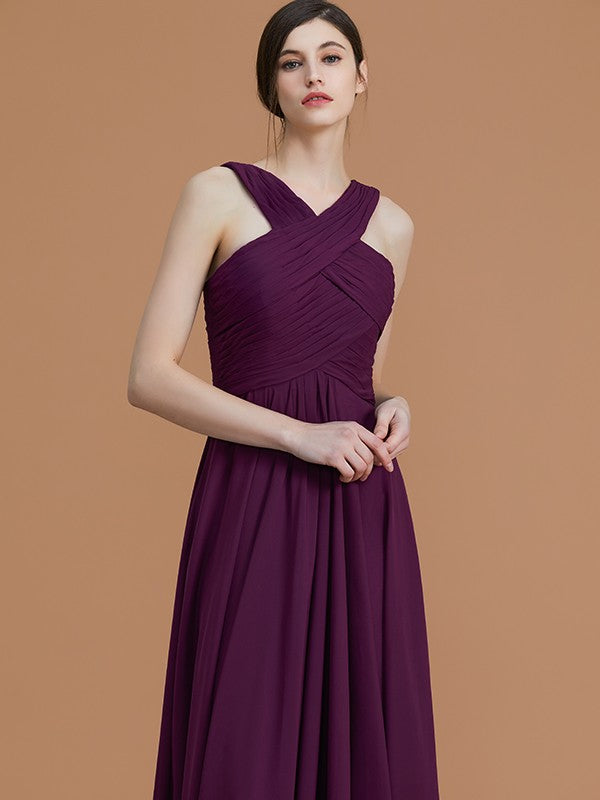 A-Line/Princess Halter Sleeveless Floor-Length Ruched Chiffon Bridesmaid Dresses