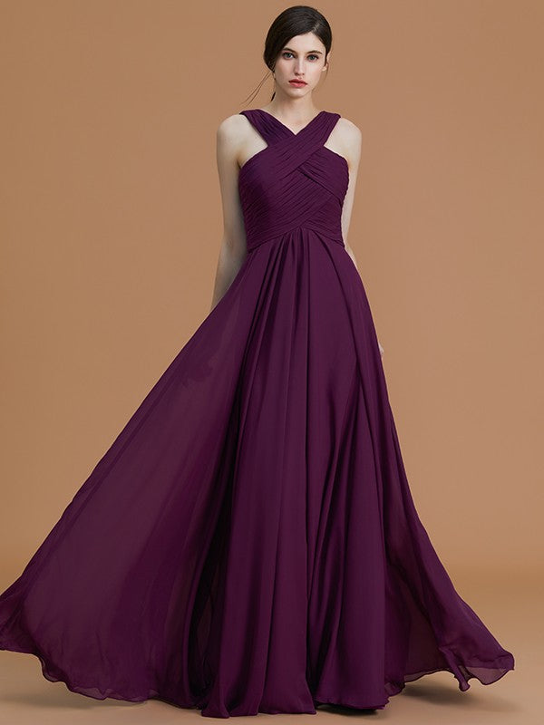 A-Line/Princess Halter Sleeveless Floor-Length Ruched Chiffon Bridesmaid Dresses