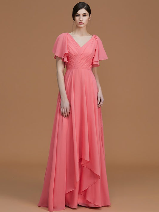 A-Line/Princess V-neck Short Sleeves Floor-Length Ruched Chiffon Bridesmaid Dresses