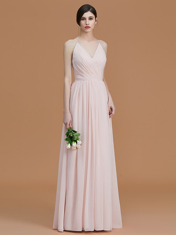 A-Line/Princess Spaghetti Straps Sleeveless Floor-Length Ruched Chiffon Bridesmaid Dresses