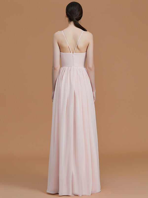 A-Line/Princess Spaghetti Straps Sleeveless Floor-Length Ruched Chiffon Bridesmaid Dresses